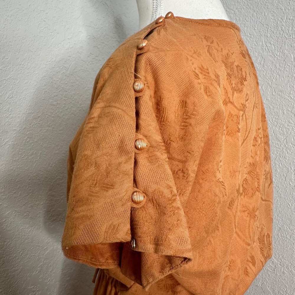 Vintage 70s Jacquard Midi Boho Terracotta Floral Dolman Sleeve Button Shoulder M - Picture 7 of 9